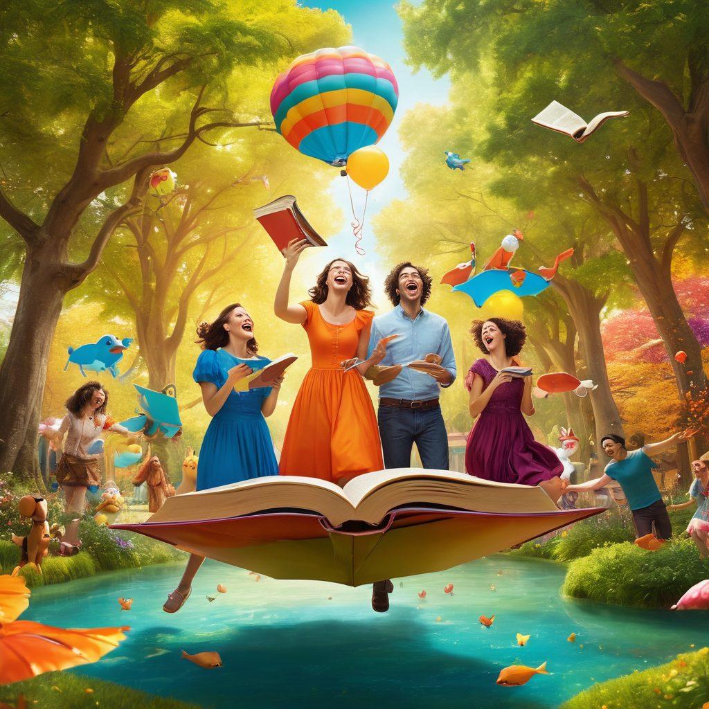 A vibrant, whimsical scene depicting a group of playful adults sharing laughter in a colorful park, surrounded by oversized storybook characters and enchanting elements like floating books and magical creatures. The atmosphere should blend humor and passion, showcasing a balance between fun and intrigue. Bright colors and dynamic poses capture the essence of joy and storytelling. surrealistic. bright and cheerful. dreamy background.