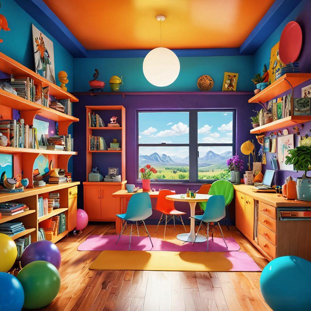 A whimsical and colorful 3D environment showcasing playful and imaginative adult comic characters engaged in light-hearted adventures. Include elements like exaggerated expressions, vibrant backgrounds with surreal landscapes, and fun props that enhance the joyful atmosphere. The scene should radiate a sense of humor and creativity, appealing to the adult comic genre. 3D. vibrant colors. cartoon style.