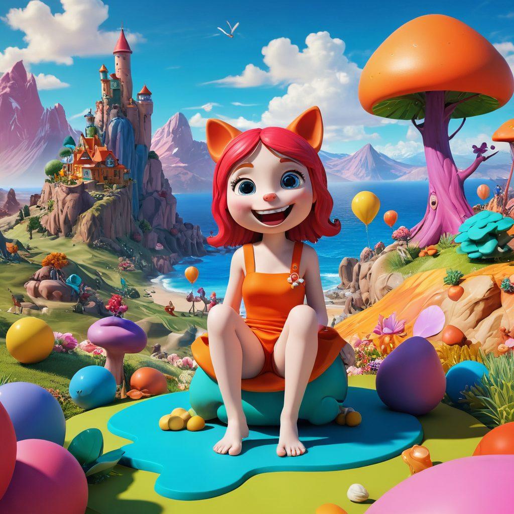 A whimsical scene featuring an imaginative 3D character portraying both humor and desire, surrounded by colorful and playful elements. The character has exaggerated features with a cheeky smile, set against a vibrant backdrop of fantastical landscapes. Incorporate subtle hints of eroticism through playful poses and suggestive props, while maintaining a lighthearted atmosphere. Use bright, eye-catching colors and a dynamic composition to capture attention. super-realistic. vibrant colors. 3D.